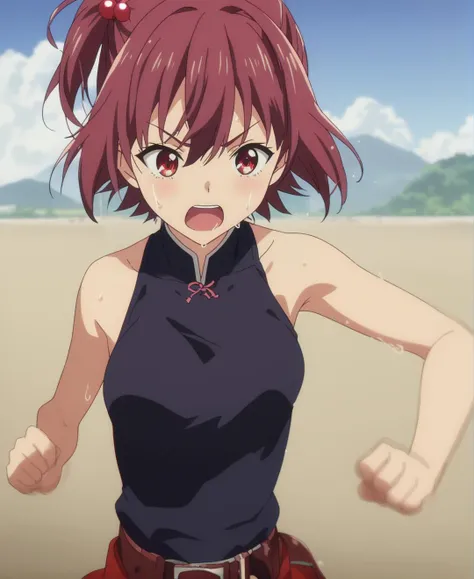 anime girl with red hair and black top in a desert area