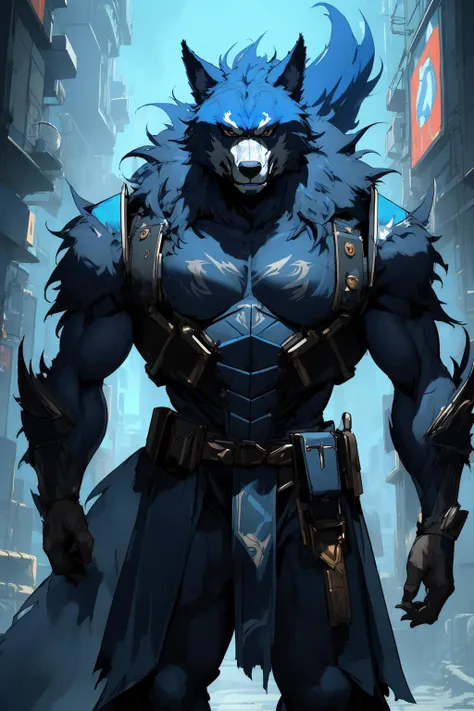 a close up of a person in a blue costume with a wolf on his chest