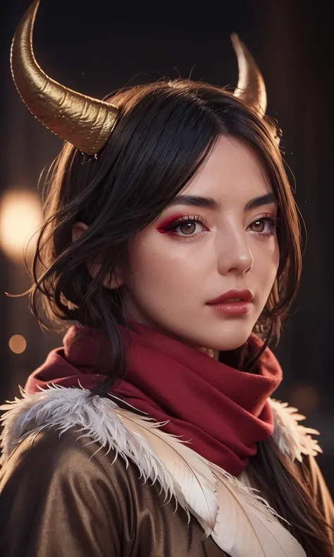 janedox2024, 1 girl, uhd, 8k, best quality, masterpiece, skin pores, detailed skin, cinematic lighting, depth of field, photorealistic, raw image, black feather scarf, red makeup, horns, fantasy, feather, brown eyes,