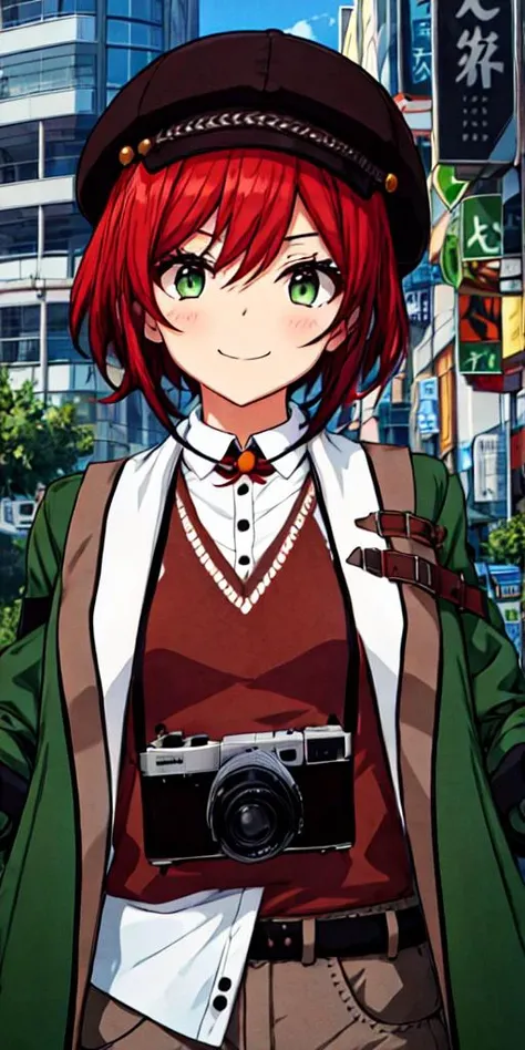 ishikari akari,solo,1girl,<lora:ishikari akari:0.8>,hat,1girl, solo, green eyes, gloves, hat, smile, black gloves, red hair, shirt, camera, looking at viewer, short hair, white shirt, open clothes, beret, collared shirt, jacket, brown headwear, coat, bangs...