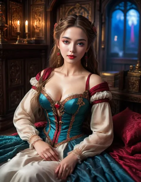 (masterpiece, best quality), hyper realistic, ultra photoreal, raw photo, photorealistic, ultra detailed, extremely detailed, intricately detailed, a beautiful medieval courtesan, solo, she is sitting on a lavish and massive bed, she is well-educated and p...