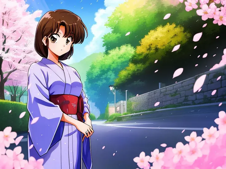 highres, 1girl, (Tendou_Kasumi), brown_hair, looking_at_viewer, <lora:kasumiTendoRanma12_v10:.75>

clear sky, sunny, standing, Bridal kimono, Cherry blossom rain,