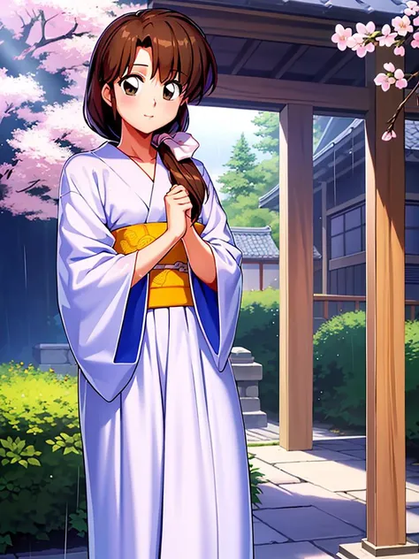 highres, 1girl, (Tendou_Kasumi), brown_hair, looking_at_viewer, <lora:kasumiTendoRanma12_v10:.75>

clear sky, sunny, standing, Bridal kimono, Cherry blossom rain, Japanese garden path, outdoor