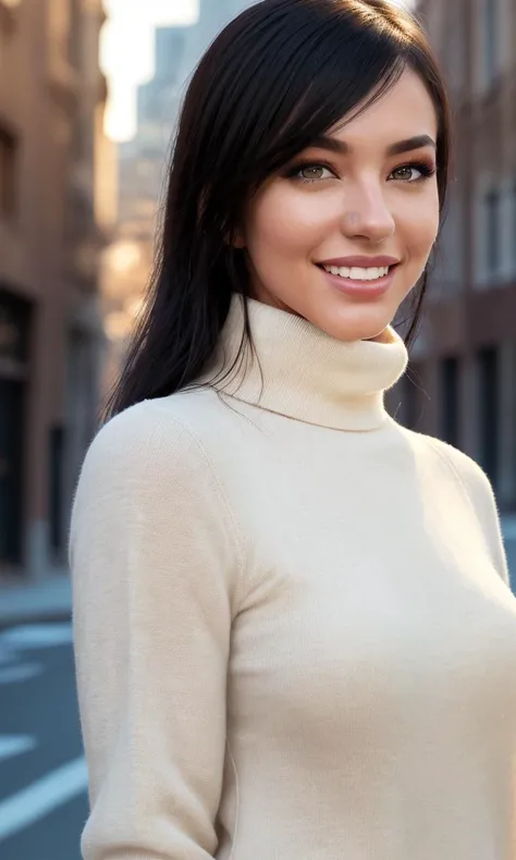 mannilp2024, 1 girl, uhd, 8k, best quality, masterpiece, walking, smile, skin pores, detailed skin, turtleneck, cinematic lighting, depth of field, city, tattoo, photorealistic,