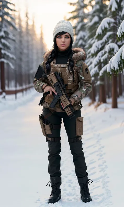 azedra2024, 1 girl, uhd, 8k, best quality, masterpiece, skin pores, detailed skin, cinematic lighting, depth of field, photorealistic, single braid, full body, turtleneck, tactical jacket, snow, boots, fur trim, beanie,