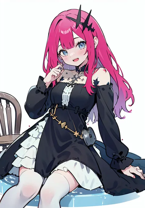 anime girl with pink hair and black dress sitting on a chair