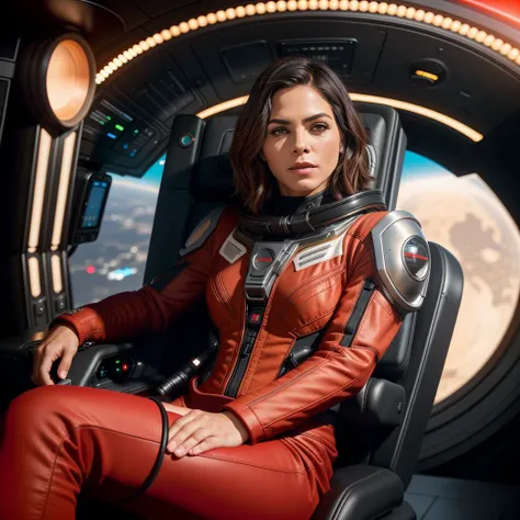 jennadewan, sitting in a pilot chair of a sci-fi spacecraft, detailed futuristic spacesuit, red and black,sci-fi, depth of field, medium shot, ((warm light,rim light)), <lyco:JennaDewan:1.0>