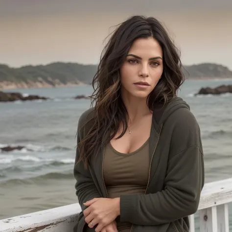 (Portrait), woman,long hair,dark theme,soothing tones,muted colors,(sea:1.1),casual clothes,, ,jennadewan,<lyco:JennaDewan:1.0>