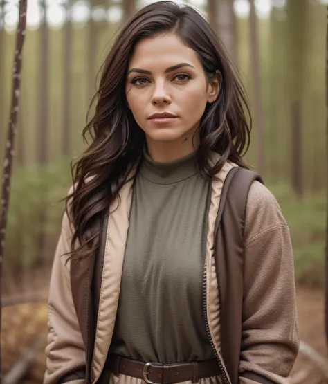 jennadewan, portrait, close up, adult woman, masterpiece, best quality, ultra-detailed, solo, outdoors, (evening), mountains, nature, (summer, cloudy, windy), walking, backpack, sweater, hiking suit, forest, rocks, river, wood, smoke, shadows, contrast, cl...