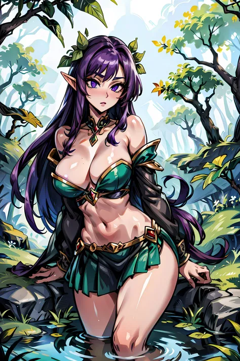 masterpiece, best quality, large breast purple hair elf queen bathing in a pond of magical forest, ((covered with leaf))