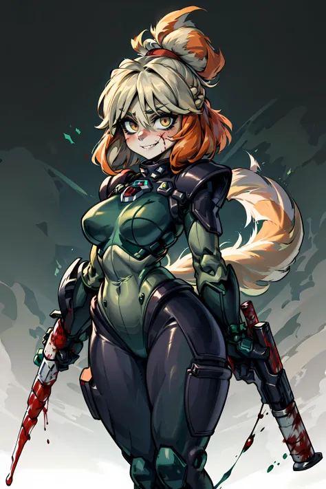 <lora:isabelle:1> isaCrossing, red ribbon, topknot, furry, furry female, scary smile, ((((dark green power armor)))), (((hell background))), holding weapon, shotgun, (((blood))), pants,