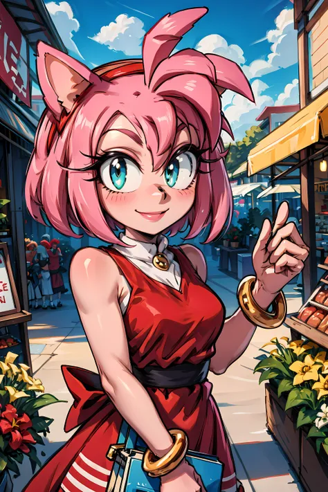 <lora:AmyRose_v2_Retrain:1> amy rose, 1girl, solo, dress, pink skin, looking at viewer, smile, detailed eyes, outdoors, marketplace, shopping,