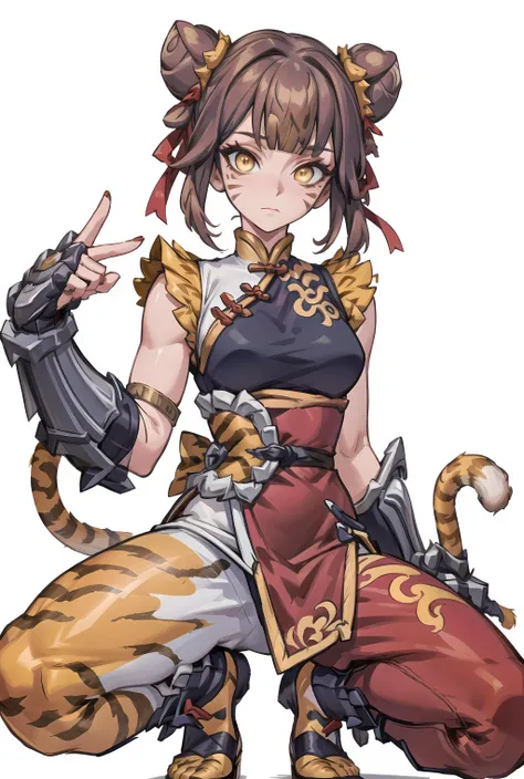 masterpiece, best quality,  <lora:Wanwan-AgileTiger:0.7>, (((sfw))), 1girl, animal print, bangs, blunt bangs, bow, brown hair, chinese clothes, closed mouth, double bun, dress, facial mark, gauntlets, hair bun, hair ornament, holding, ribbon, simple backgr...