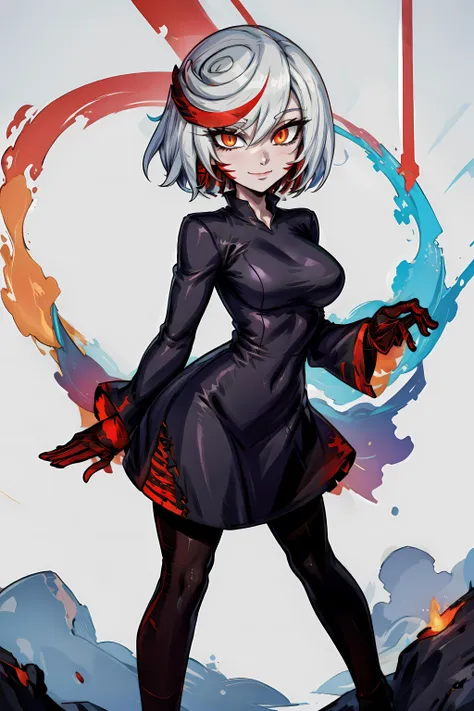 <lora:sageai-mk2-final-nohc:0.9> sageai, black dress, red gloves, red legwear, orange eyes, adult, medium breasts,  smile