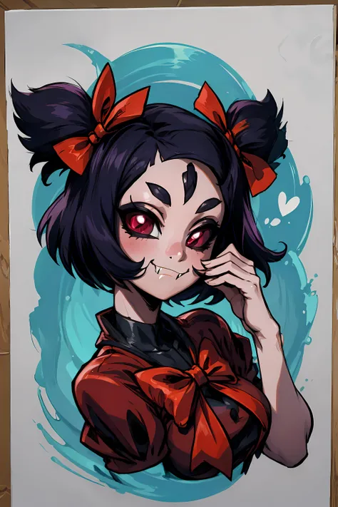 best quality, masterpiece,  (((sfw))),   <lora:muffetv3:0.9> 1girl, muffetwear, muffet, humanoid, arachnid, anthro,((fangs)),pigtails, hair bows, 5 eyes, spider girl, 6 arms, solo, smile, closed mouth, 6 hands, detailed hands, bust shot,