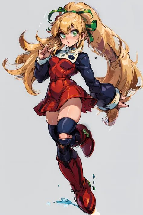 <lora:megaman_roll_dblora_01:1> megamanroll, roll, girl, solo, green eyes, blonde hair, ponytail, ribbon, dress, long hair, red dress, hair ribbon, long sleeves, red skirt, green ribbon, sidelocks, skirt, boots