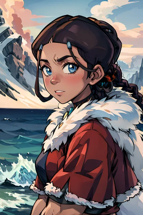 <lora:KataraV2:0.9>, masterpiece, best quality, 1girl, katara, toned, dark skin, braid, fur coat, jewelry, looking at viewer, upper body, iceberg background, sea, arctic,