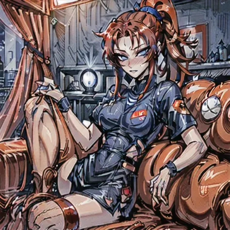 best result, high detail, cyborg girl, 8k, dark blue eyes, red curly hair in a ponytail, mechanical legs (matte gray color with orange inserts), sweetheart, patch on cheek, sitting relaxed on the sofa (light apartment), oversized linen T-shirt <lora:Sketch...