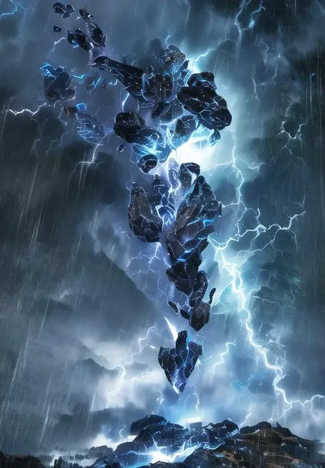 <lora:Storm_Atronach:0.8>, Storm_Atronach, thunderous wrath, electric fury, darkened skies, lightning strikes, deafening roars, torrential downpour, ominous tempest, copper skin, (magical, magnificent, masterpiece:1.3)