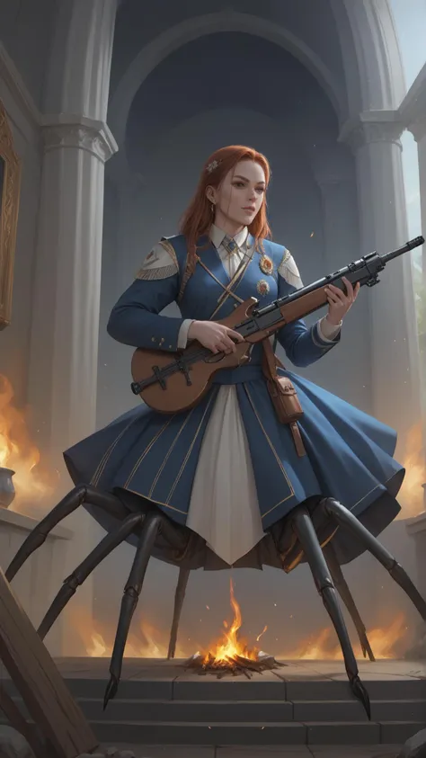 a woman in a blue dress holding a gun and a gun