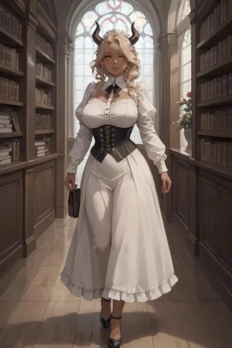 a woman in a white dress and horns is walking through a library