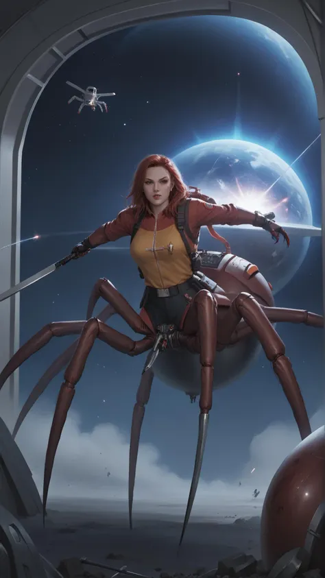 a woman in a yellow shirt is sitting on a giant spider