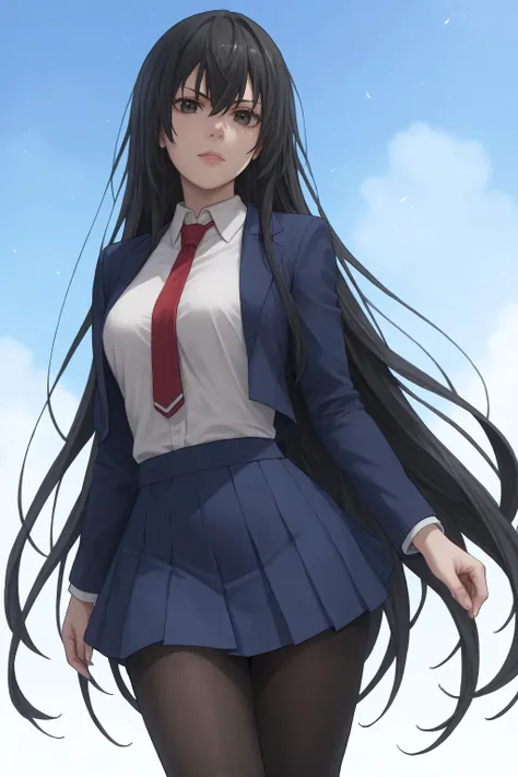 anime girl with long black hair wearing a blue skirt and a red tie