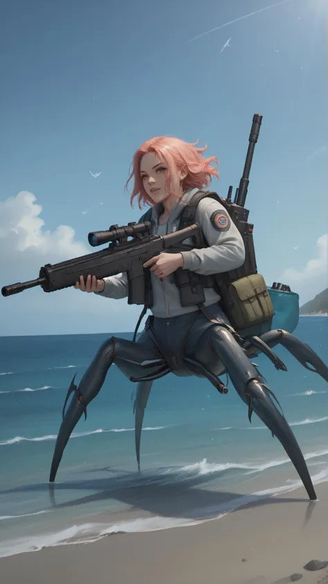 a woman with a gun and a gun on a beach