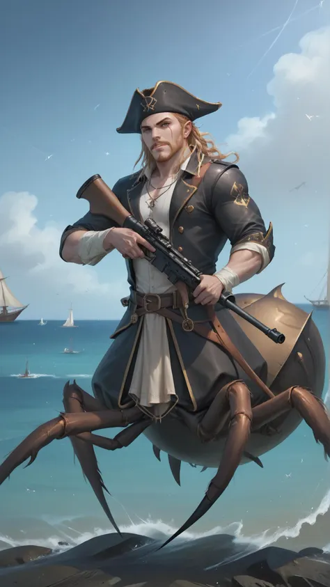 a man in a pirate outfit riding on a crab