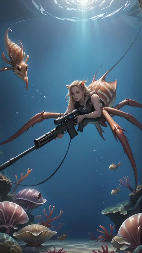 a woman with a gun is floating in the ocean surrounded by fish