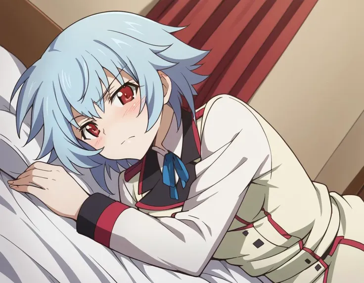 anime image of a woman laying on a bed with a pillow