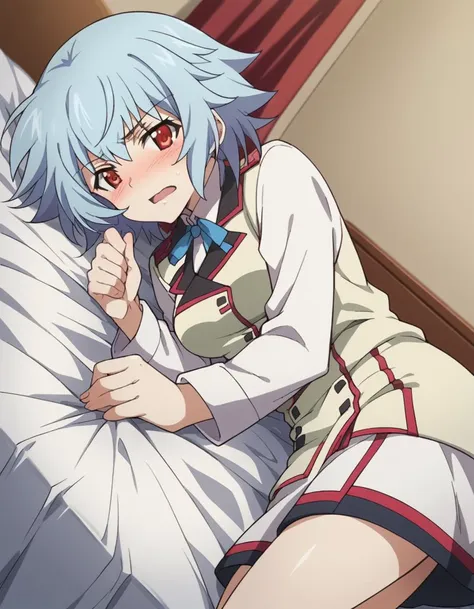 anime girl laying in bed with blue hair and white shirt