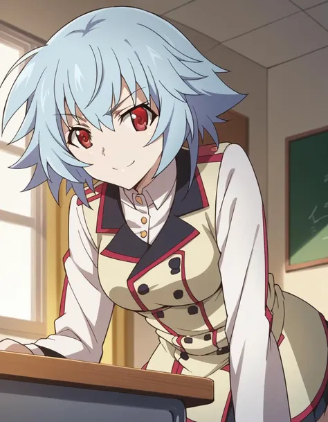 anime girl with blue hair and white shirt leaning on a desk