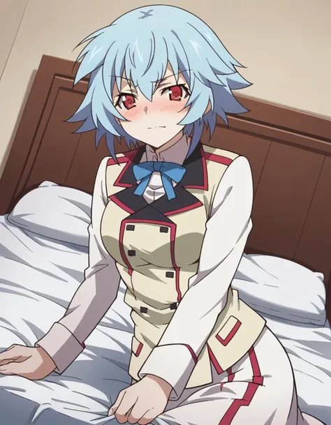 anime girl in uniform sitting on a bed with a pillow