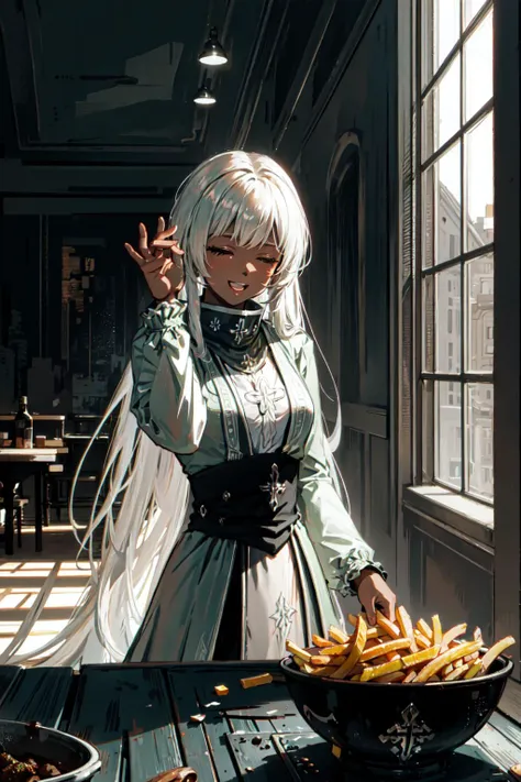 anime girl in a white dress standing in front of a bowl of fries