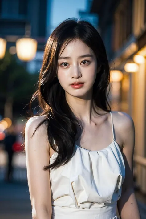 a close up of a woman in a white dress standing on a street