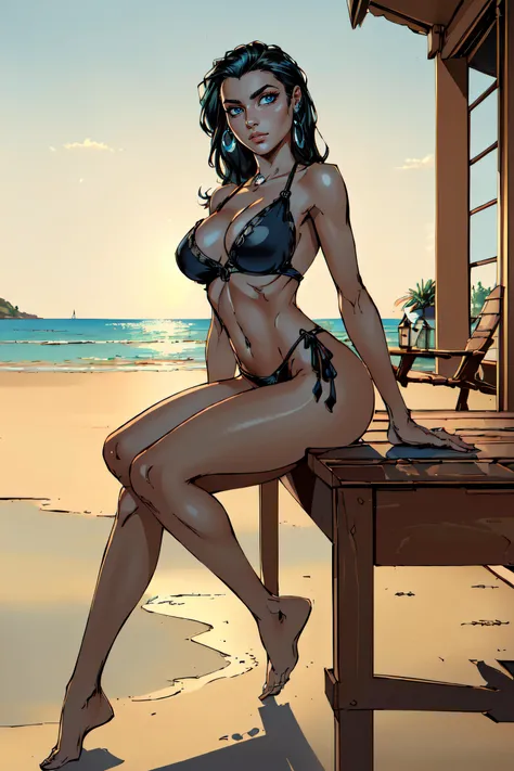 (masterpiece, best quality, ultra detailed, absurdres:1.5), 1girl, (sexy, beautiful woman, perfect face, perfect eyes, perfect female body, large breasts:1.5), (AspenM, black hair, dark skin, bikini, barefoot, <lora:Aspen_v01_A:0.7>), (sitting, on chair, o...