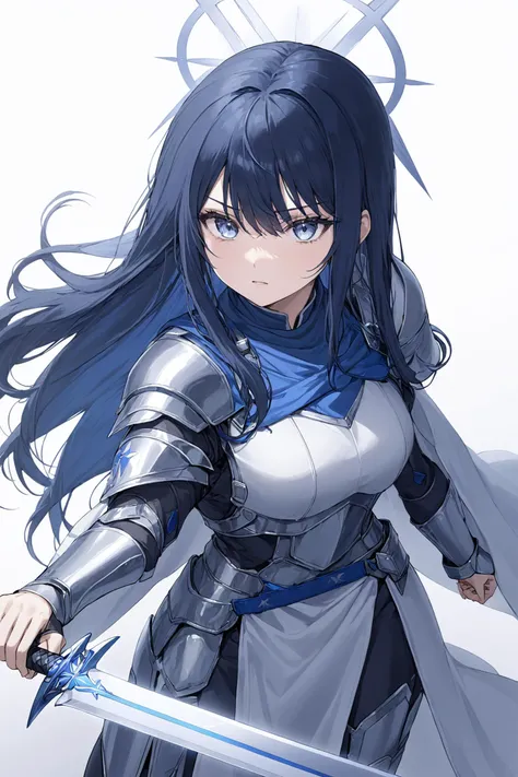 1girl, saori (blue archive), grey eyes, long straight hair,  dark blue hair, 
white and blue clothes, crusader cloak, Plate armor, 
 beautiful cool face, beautiful detailed eyes, 
sword in her hand, seriously staring at the viewer, fighting stance, prepari...