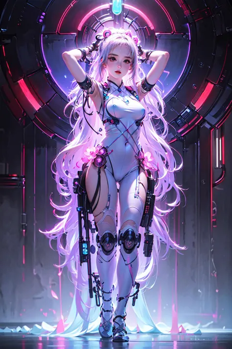 1 girl solo, perfect_hand, (8k, RAW photo, best quality, masterpiece:1.2), (realistic, photo-realistic:1.4), <lora:SBGF:0.8>(extremely detailed CG unity 8k wallpaper), ,full body, (neon lights:1.2), machop, mechanical arms, hanfu,