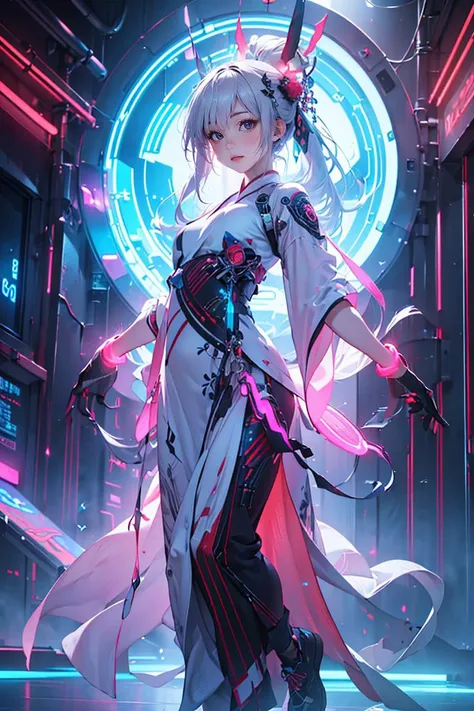 (8k, RAW photo, best quality, masterpiece:1.2), (extremely detailed CG unity 8k wallpaper), 1 girl solo, perfect_hand, full body, (neon lights:1.2), mechanical arms, (hanfu:1.1), (Dancing posture:1.1), light column background, glowing, (light particles:1.1...