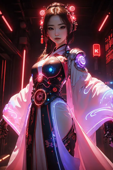 1 girl solo, perfect_hand, (8k, RAW photo, best quality, masterpiece:1.2), (realistic, photo-realistic:1.4), (extremely detailed CG unity 8k wallpaper),full body, (neon lights), machop, mechanical arms, hanfu, <lora:SBGF:0.6>,Chinese clothes, dress, pretty...