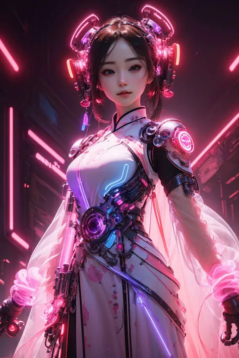 1 girl solo, perfect_hand, (8k, RAW photo, best quality, masterpiece:1.2), (realistic, photo-realistic:1.4), (extremely detailed CG unity 8k wallpaper),full body, (neon lights), machop, mechanical arms, hanfu, <lora:SBGF:0.6>,Chinese clothes, dress,