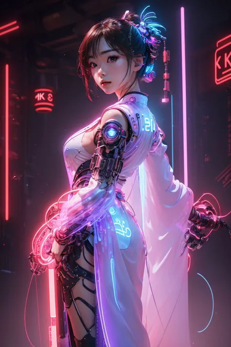 1 girl solo, perfect_hand, (8k, RAW photo, best quality, masterpiece:1.2), (realistic, photo-realistic:1.4), (extremely detailed CG unity 8k wallpaper),(full body), (neon lights), machop, mechanical arms, hanfu, <lora:SBGF:0.6>,Chinese clothes, dress, pret...