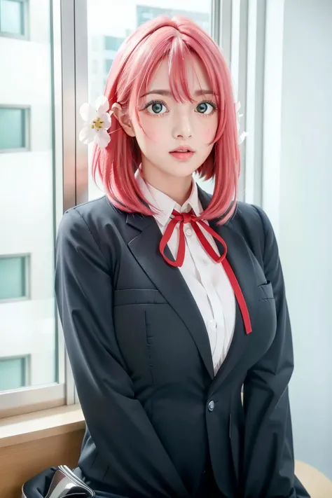 (day),bedroom,high rise apartment, windows,
dynamic pose,
school uniform,white shirt, red ribbon, Blue jacket,long sleeves,
<lora:Hakari_Hanazono_100Girlfriends-KK77-V1:0.7>,
pink hair ,green eyes,Bangs,short hair,hair flowers,hair ornament,
,<lora:more_de...