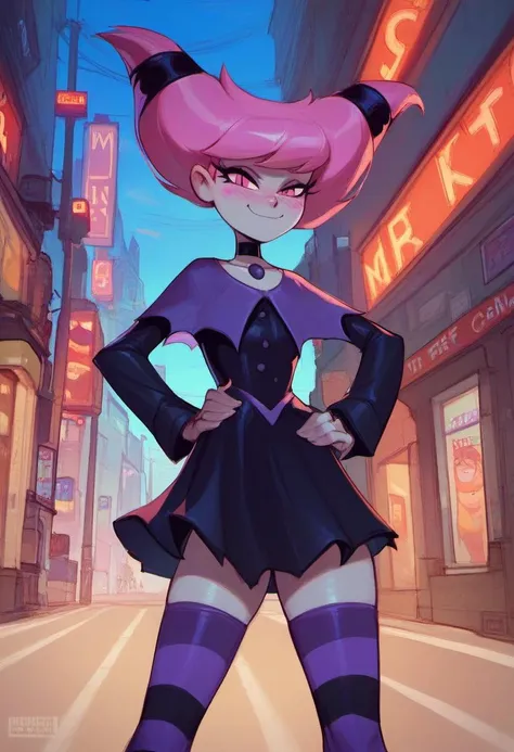 a cartoon girl in a black and purple outfit standing on a city street