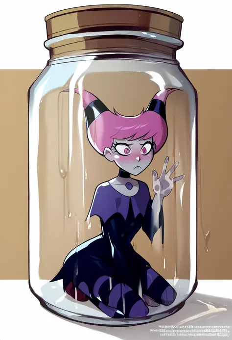 a close up of a cartoon cat in a jar with a knife