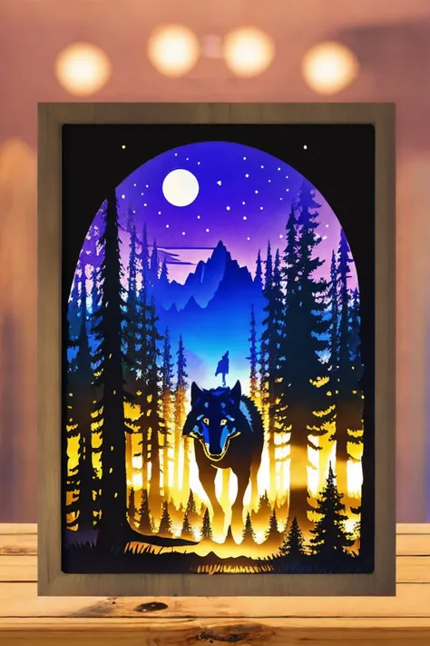 <lora:PaperCuttingLight:0.9>, (Paper Cutting:1.3), (ultra realistic, 32k, RAW photo, high detailed skin:1.1) (masterpiece, best quality:1.5),wolf, pine forest, moonlight,