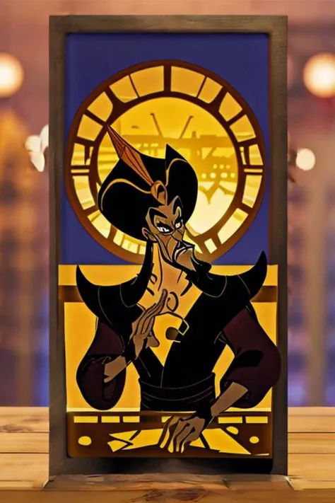 <lora:PaperCuttingLight:0.8>, (Paper Cutting:1.3), (ultra realistic, 32k, RAW photo, high detailed skin:1.1)
(masterpiece, best quality:1.5), Golden hour. <lora:Jafar_Disney:0.8> Jafar_Disney