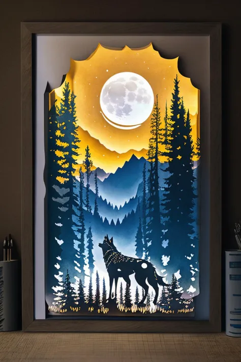 <lora:PaperCuttingLight:0.9>, (Paper Cutting:1.3), (ultra realistic, 32k, RAW photo, high detailed skin:1.1) (masterpiece, best quality:1.5),wolf, pine forest, moonlight,