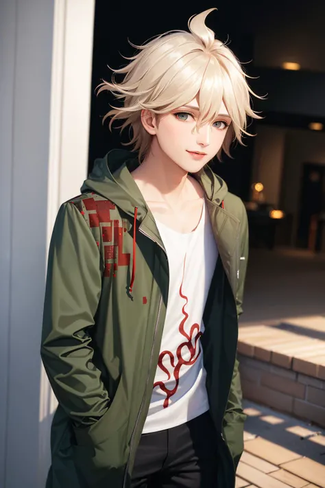 (masterpiece, best quality:1.2), <lyco:danganronpa2_komaeda-10:1.0>, cowboy shot, solo, male focus, 1boy, komaeda nagito, smile, looking at viewer, grey eyes, open clothes, green jacket, hood down, long sleeves, print shirt, black pants, collarbone